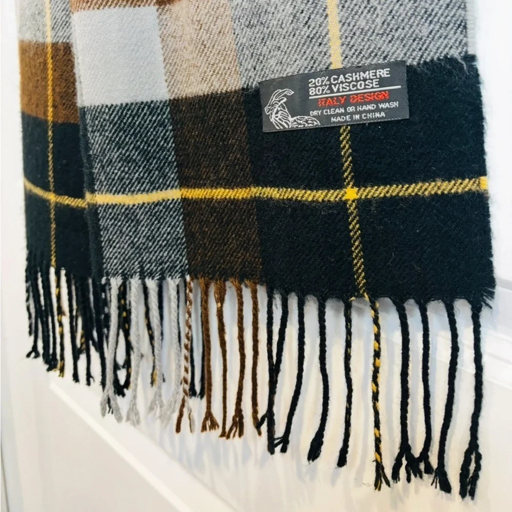 Cashmere Blend Scarf, Unisex Plaid in Black, Brown, and Gray, Italian Design, OS